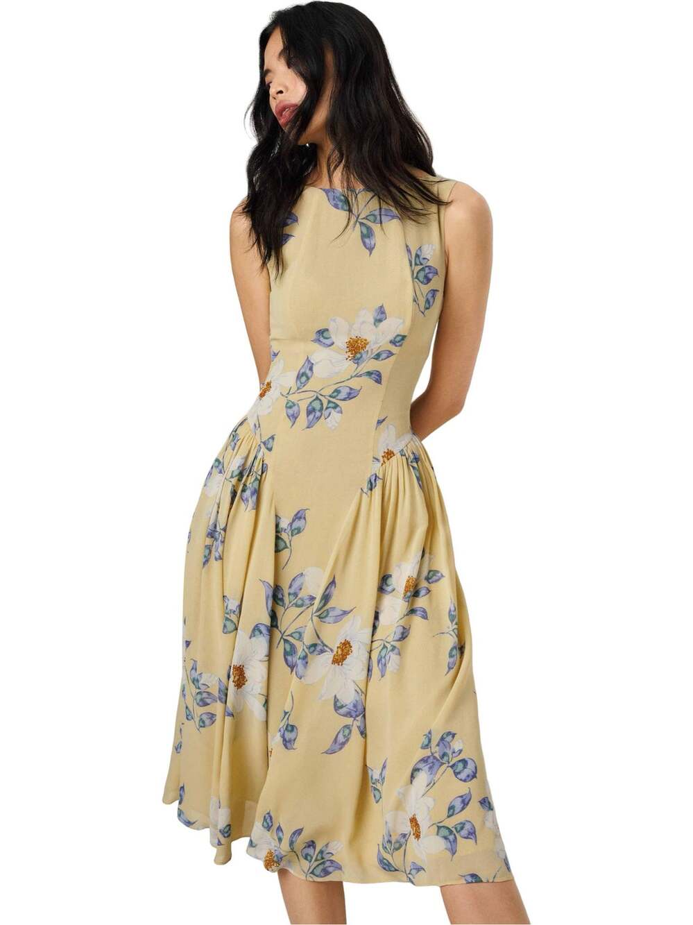 Reformation Anelis Butter Yellow Floral Print Sleeveless Boat Neck Midi Dress 6